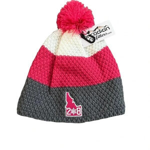 Arcadian‎ Youth Girls Pink White Stripes Beanie Pom Pom Fleece Lined Brand New